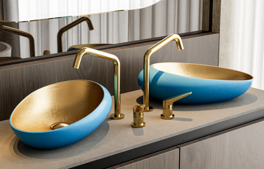 złota umywalka nablatowa, kolorowe umywalki nablatowe, uptrend, łazienka inspiracje