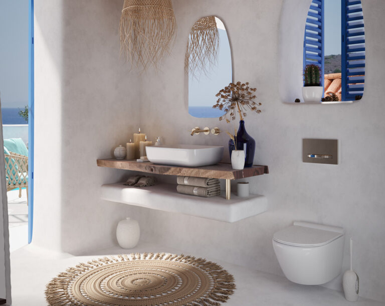 aranżacje WC, modne umywalki 2023, łazienka inspiracje, łazienka w stylu greckim