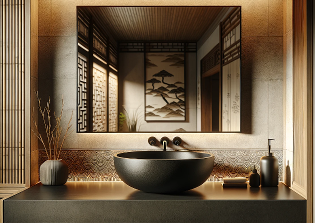 łazienka w stylu orientalnym, najpiękniejsze umywalki nablatowe, czarna matowa umywalka