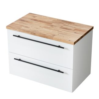 Szafka łazienkowa Nava z blatem dębowym 80 cm, szuflady, wisząca, biały mat, uchwyt czarny mat